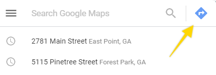 Google Maps’ Search page with an arrow pointing to the Directions icon, which is itself a white arrow displayed against a blue diamond-shaped background