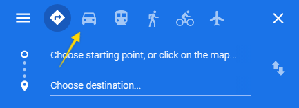 An image of Google Maps’ blue rectangle directions page which displays a series of icons representing modes of travel across the top and lines for the user to enter a starting point and destinations