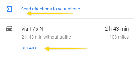 An image from the Google Maps web app interface with yellow arrows pointing to the buttons that users must activate to send directions to their phone