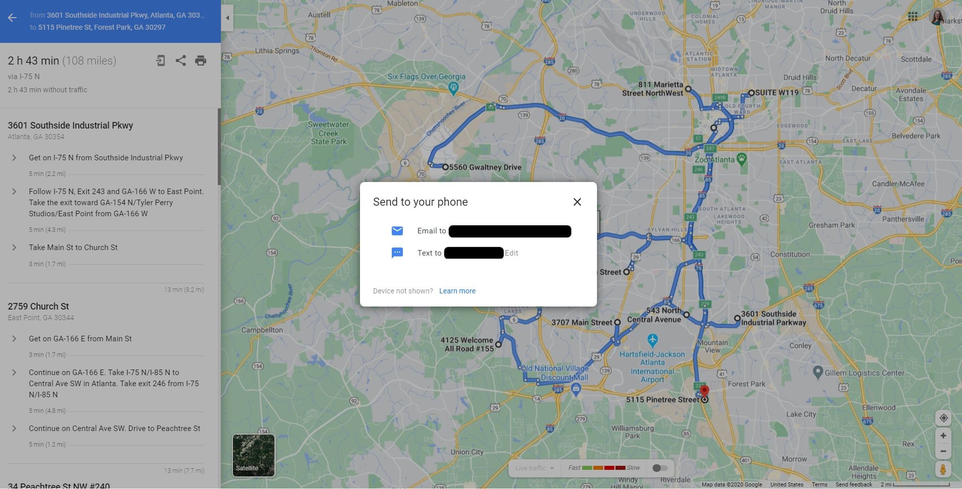 An image of Google Maps’ details menu and send directions menus illustrating where the send and share options
