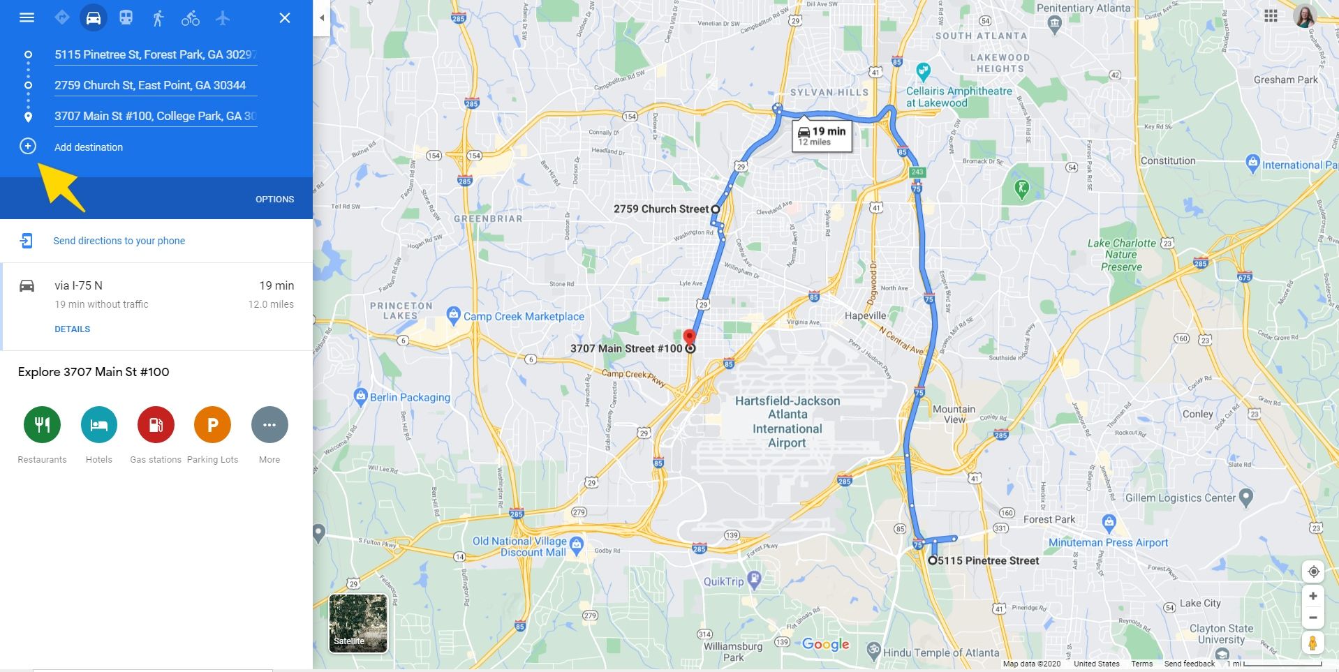 An image of a Google Map for the Atlanta, GA region showing in blue a travel route along roadways that connect addresses listed in the directions panel. An arrow points to the + icon that users must click to add another address to the route