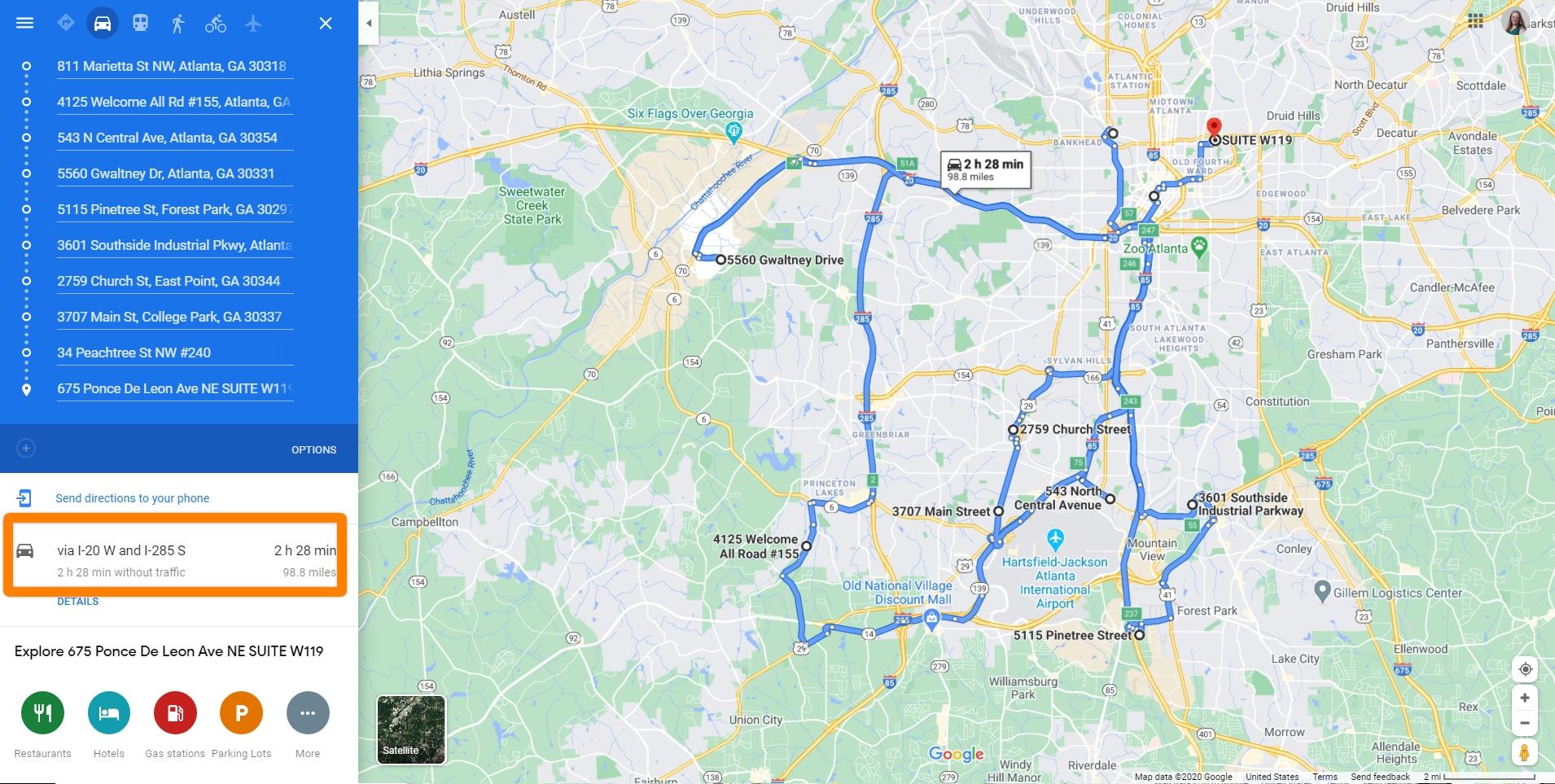 An image of map showing routes in blue on roadways that connect the addresses entered into the Google Maps directions panel
