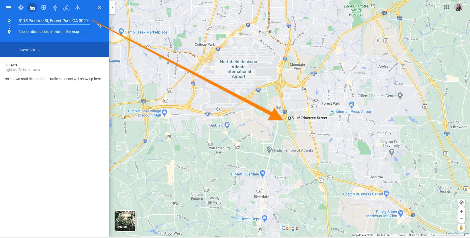 An image of a Google Map for the Atlanta, GA region with an arrow pointing from the address entered into the directions panel to the map pin for that selected starting point